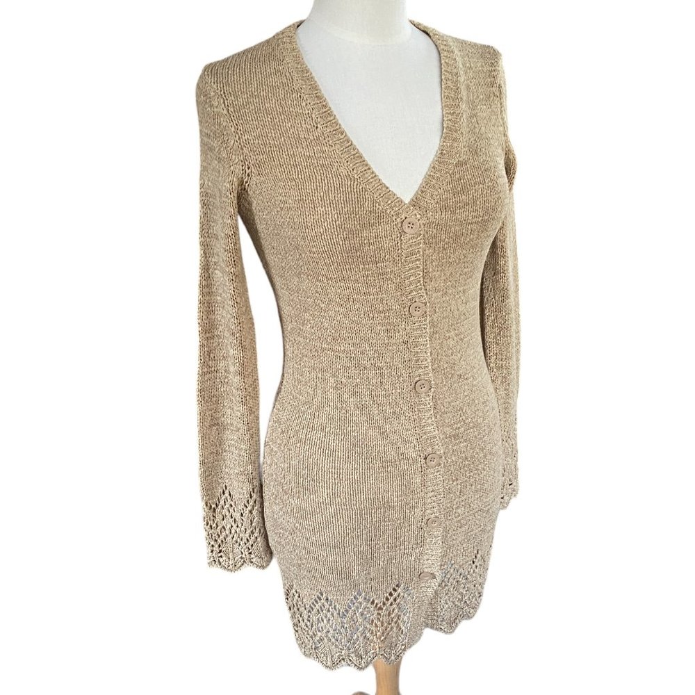 BCBGMaxAzria Metallic Gold Crochet Knit Longline Cardigan Duster Mini Dress-M